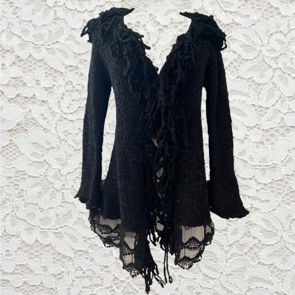 vintage 90s fringe sweater‎ jacket with lace trim